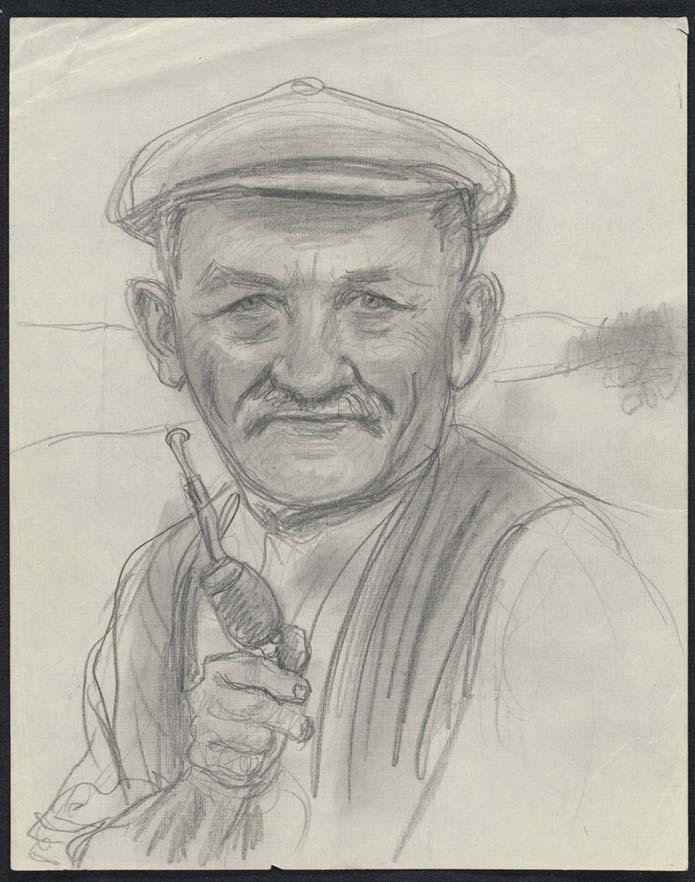A charcoal on paper sketch of an older man. He is wearing a flat hunting cap. He has a short trimmed moustach. He is looking directly at the viewer and is holding a pipe. He is wearing a dark vest over a white shirt.