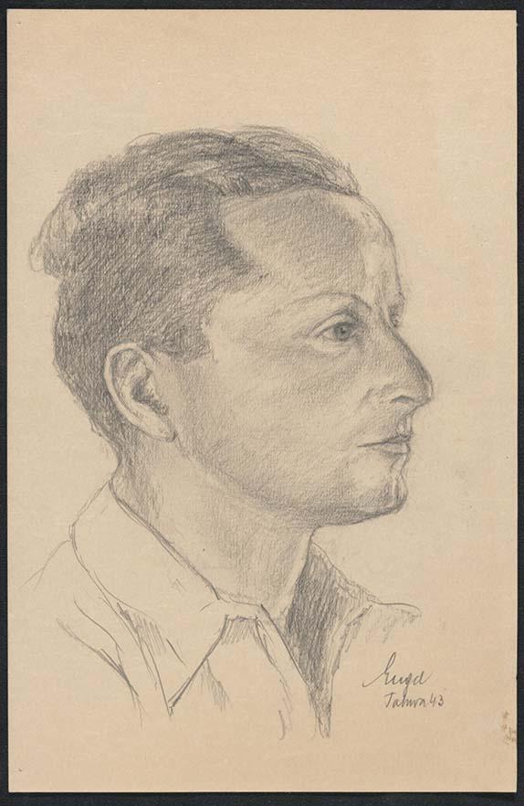 Charcoal on paper sketch of the head and shoulders of a young man. He has hair neatly swept back. He is wearing an collared white shirt with the collar open. He is in profile staring off to the right.