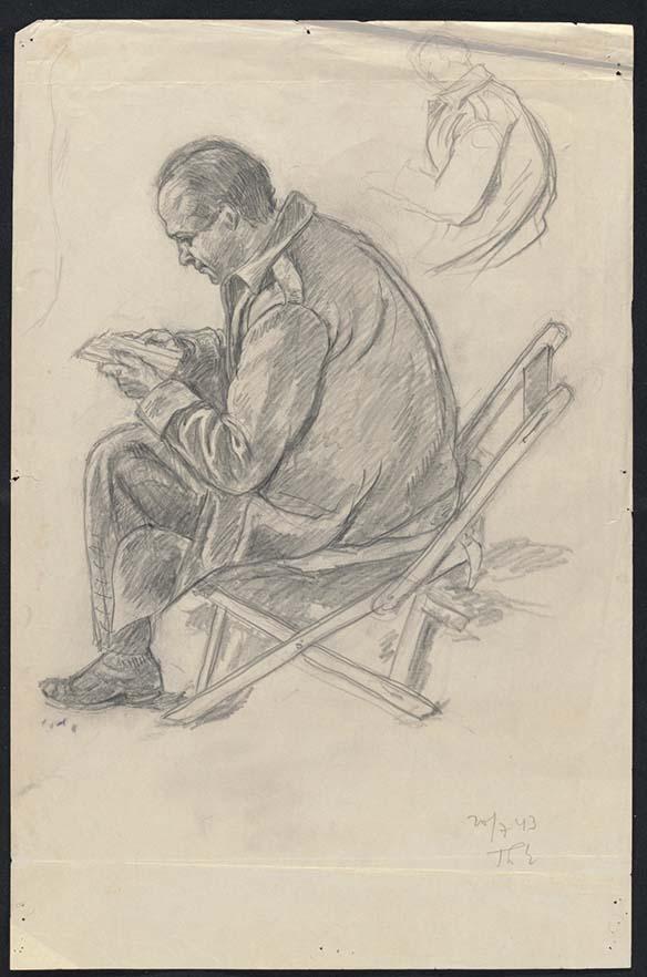 A charcoal on paper sketch of a middle-aged man seated on a deckchair. He is reading a note. in the top right corner is a crude practice sketch of the main subject