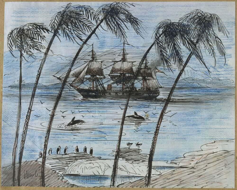 painting of a ship in the background on the ocean and palm trees on an island in the foreground