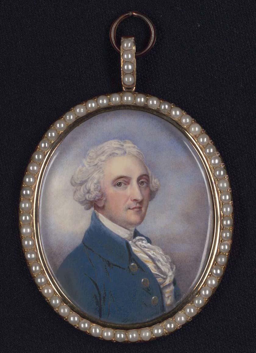 small painting of a man with white hair and a blue jacket set in an oval frame