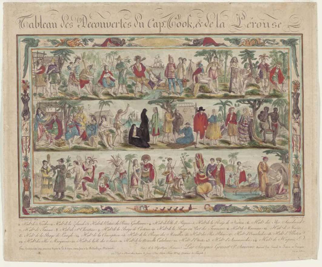 painting of many indigenous people interacting with Cook