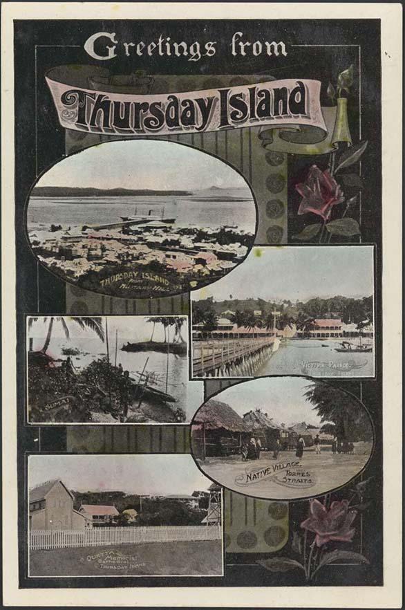 postcard saying 'Welcome to Thursday Island' and showing 5 different scenes of the area