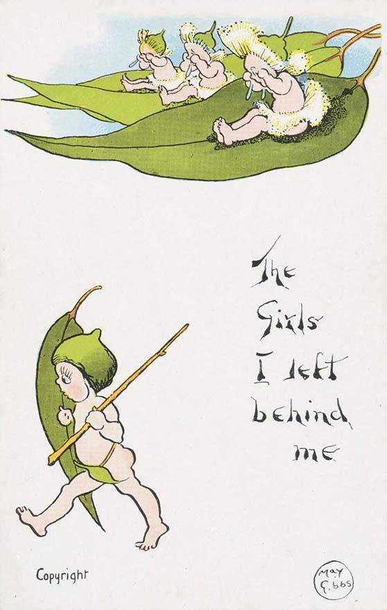 Picture of gumnut babies by May Gibbs with the words 'The girls I left behind me'