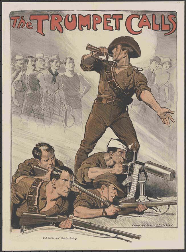 A colour poster with words in red 'The trumpet calls'. Underneath a soldier is looking behind him while blowing the bugle at greyed figures of fit strong, athletic men in various forms of civilian dress, from football gear to roustabout, while with the soldier's left arm, he gestures forward and down with his left arm at 4 soldiers on the ground, in the middle of battle with rifles and machine guns.