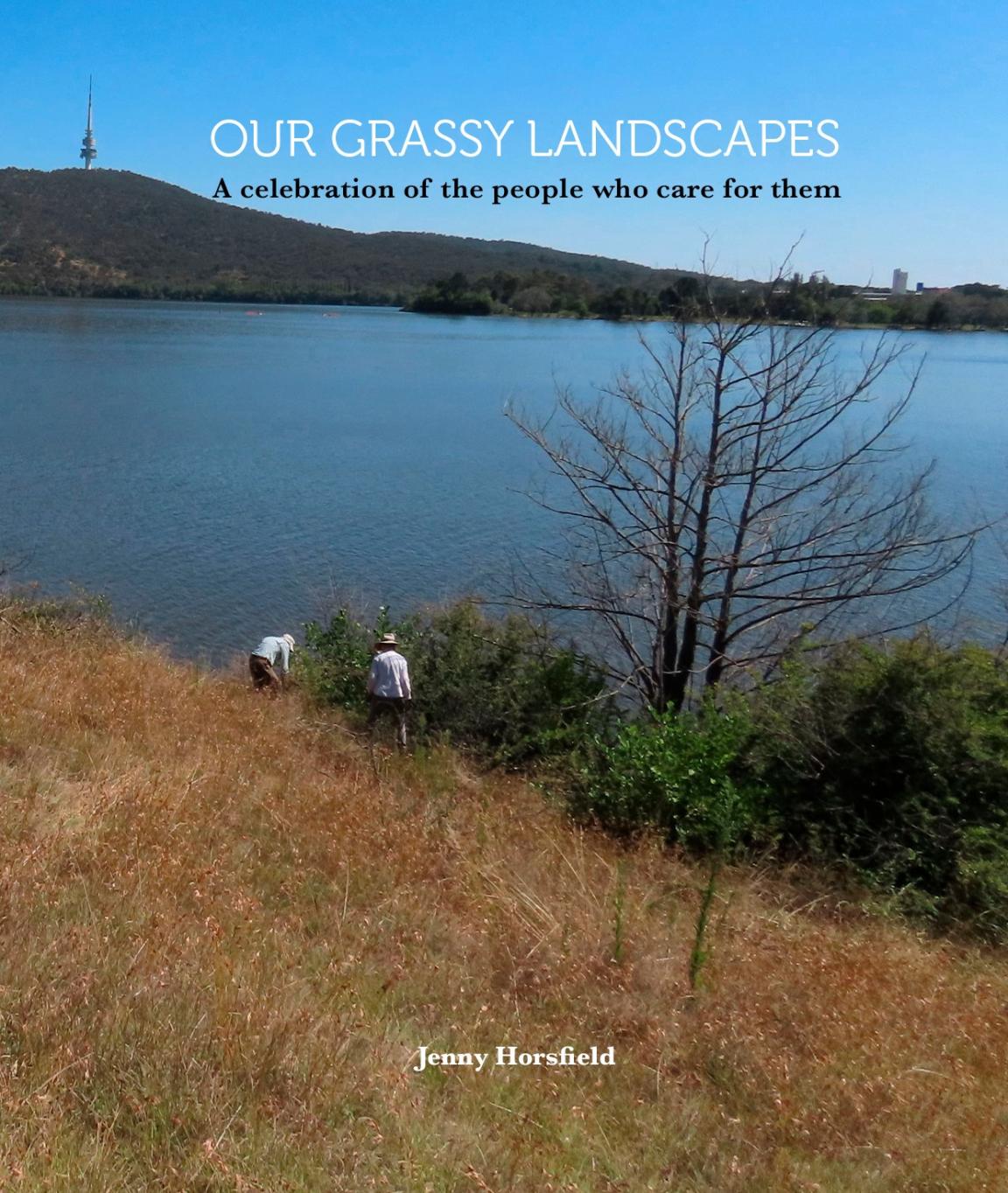A book cover of Jenny Horsfield's 'Our Grassy Landscapes' which includes a lake view, mountains and trees.