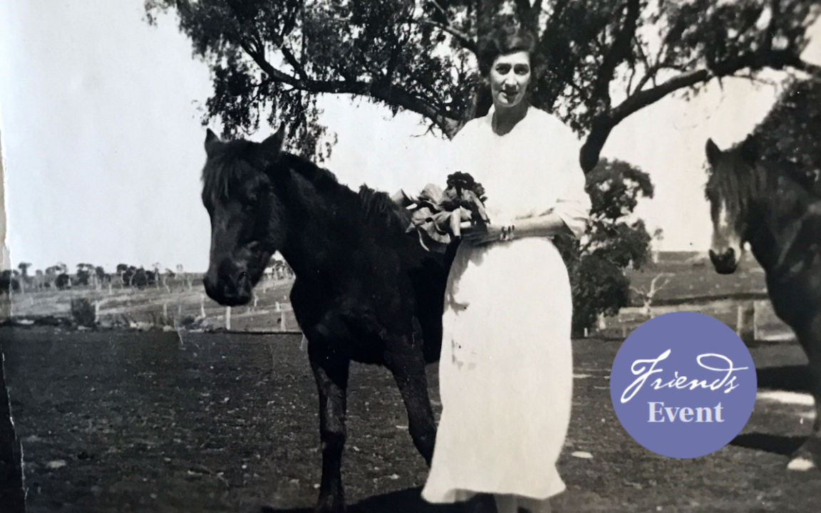 Black and white photograph of playwright Millicent Armstrong and two horses. On the bottom left corner a purple circle with white text reading 'Friends Event' has been photoshopped on.