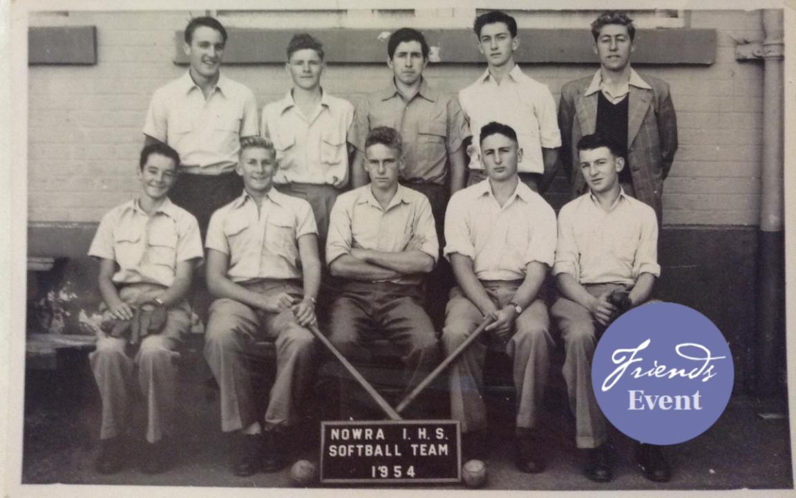 A sepia group photo of the 10 young men in the Nowra softball team, including Frank Moorhouse. Photo-shopped onto the photo on the bottom right corner is a purple circle with white writing reading 'Friends event'