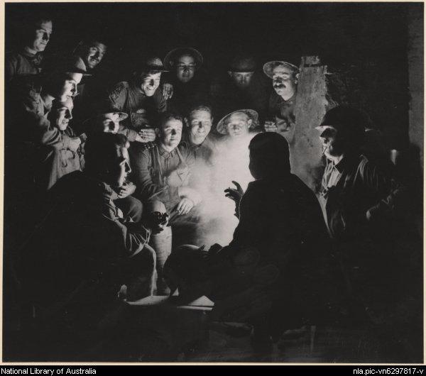 black and white photo of Australian infantrymen in a dugout in 1917