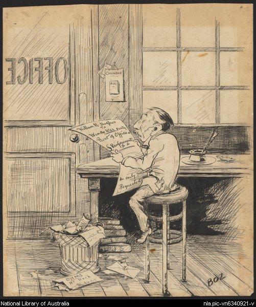 cartoon drawing of a small man reading a document while sitting on a tall stool
