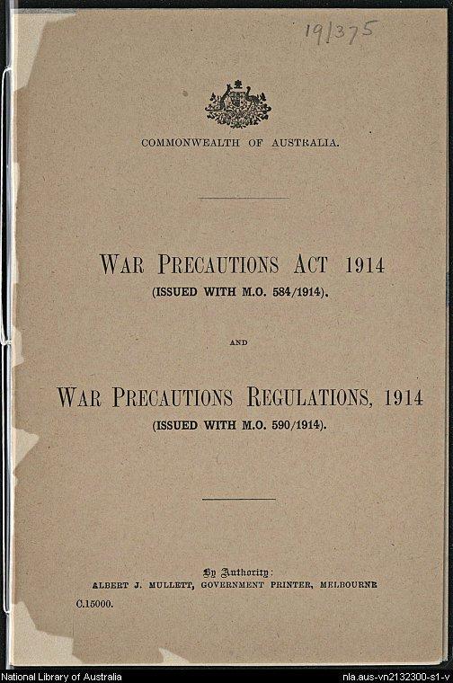 front cover of Australian War Precautions Act, 1914 and War Precautions Regulations, 1914