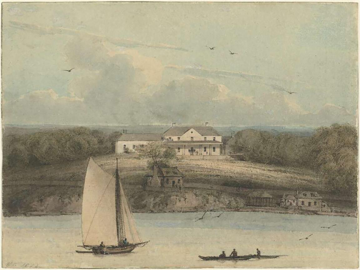 Watercolour of a bay with a sailboat in the foreground and a large white building in the background overlooking the bay