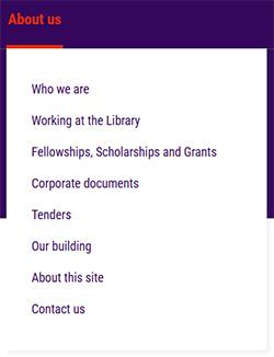 screenshot of previous NLA website: About us, Who we are, Working at the Library, Fellowships, Scholarships and Grants, Corporate documents, Tenders, Our building, About this site, Contact us