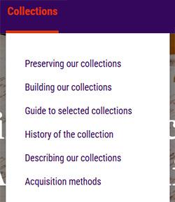 screenshot of previous NLA website: Collections, Preserving our collections, Building our collections, Guide to selected collections, History of the collection, Describing our collections, Acquisition methods