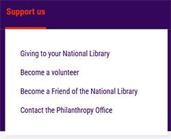 screenshot of previous NLA website: Support us, Giving to your National Library, Become a volunteer, Become a Friend of the National Library, Contact the Philanthropy Office