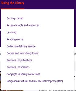 screenshot of previous NLA website: Using the Library, Getting started, Research tools and resources, Learning, Reading rooms, Collection delivery service, Copies and interlibrary loans, Services for publishers, Services for libraries, Copyright in library collections, Indigenous Cultural and Intellectual Property (ICIP)