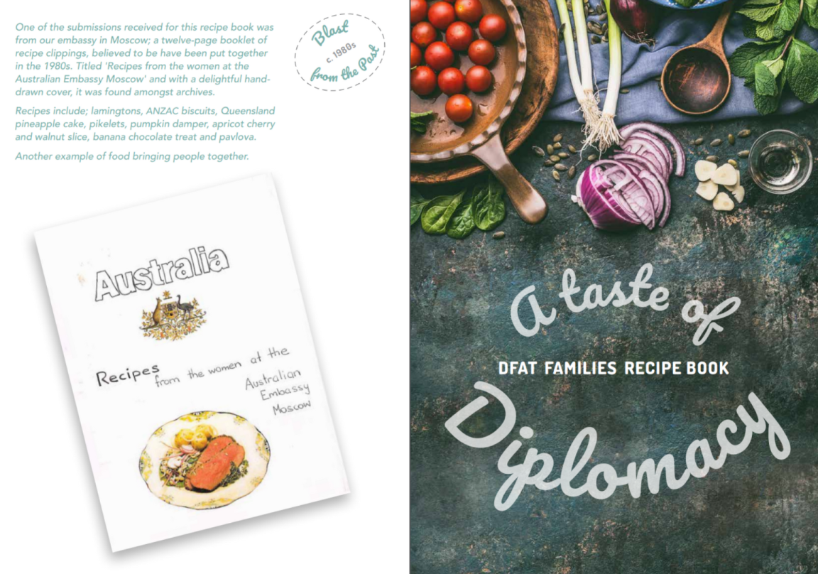 Front cover and early page from 'A Taste of Diplomacy: DFAT families recipe book'. The cover has an image of vegetables and other ingredients spread over a table. The page has a paragraph about recipes included in the book.