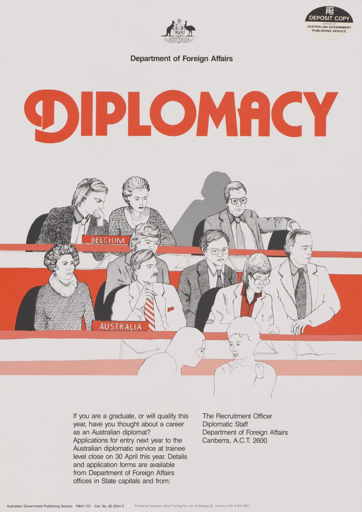 White poster with orange lines and simple illustrations of men and women in suits. Large orange text reads 'Diplomacy' and small black text encourages graduates to become diplomats.