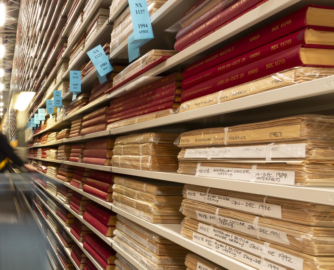Shelves with bundles of newspapers