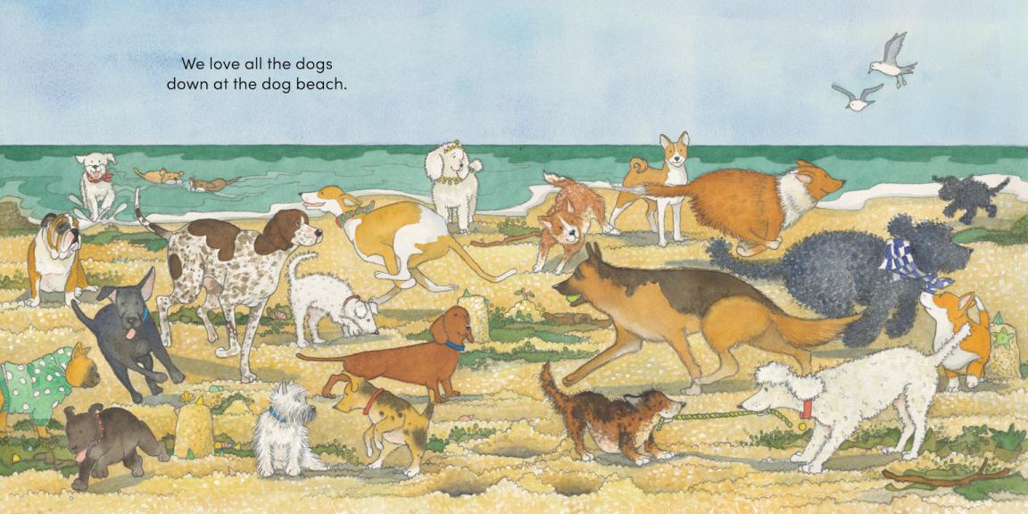 Two-page spread from the book 'Dog Beach' with a colourful illustration of many dogs of different breeds playing, running or sitting at the beach. Text reads 'We love all the dogs down at the dog beach'.