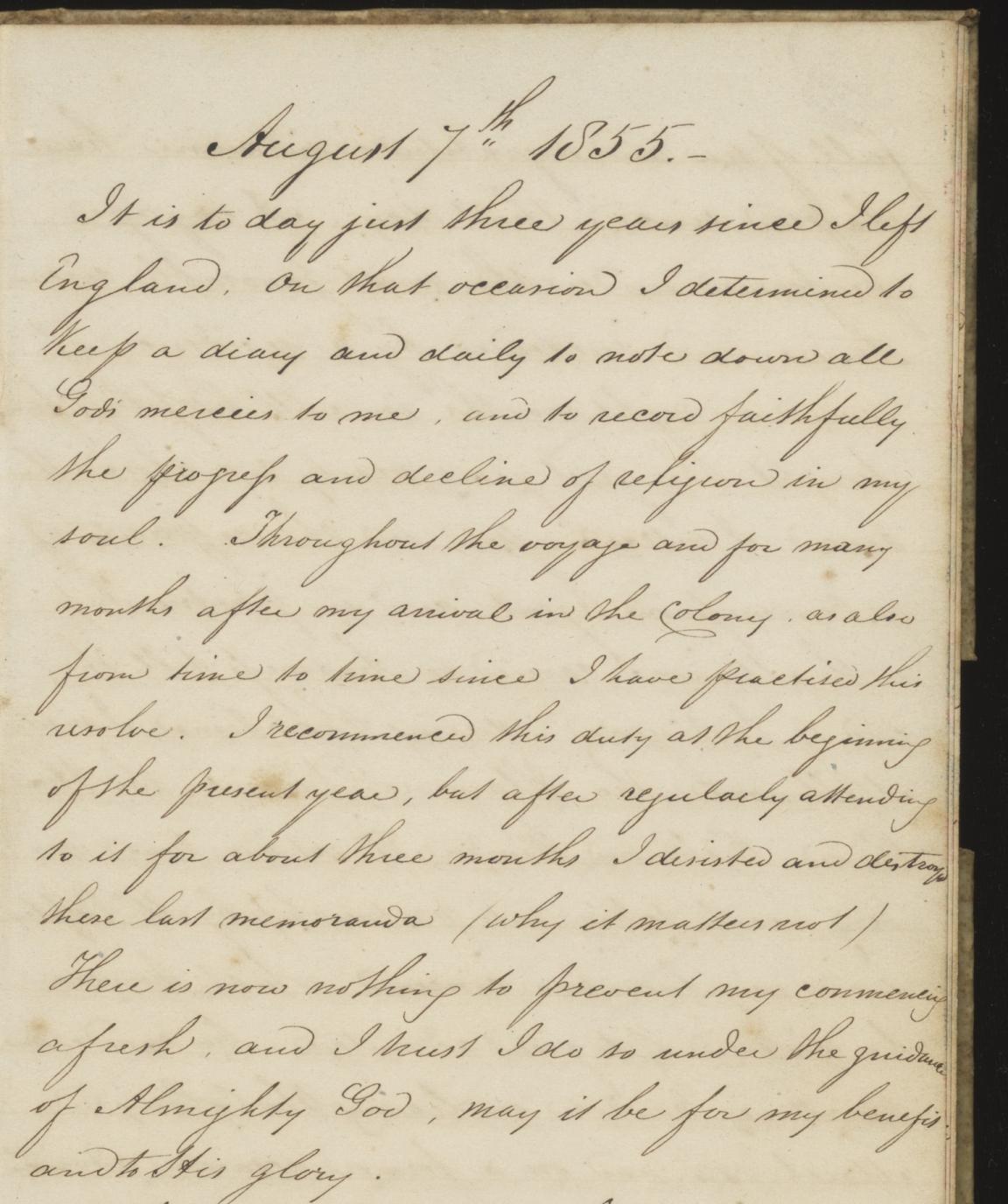 Page of a diary with description of the goals of the writer, 'to records faithfully the growth and decline of religion' 
