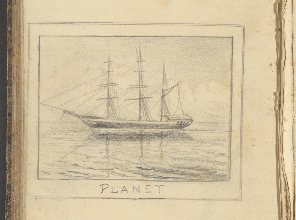 Pencil sketch of a ship at sea