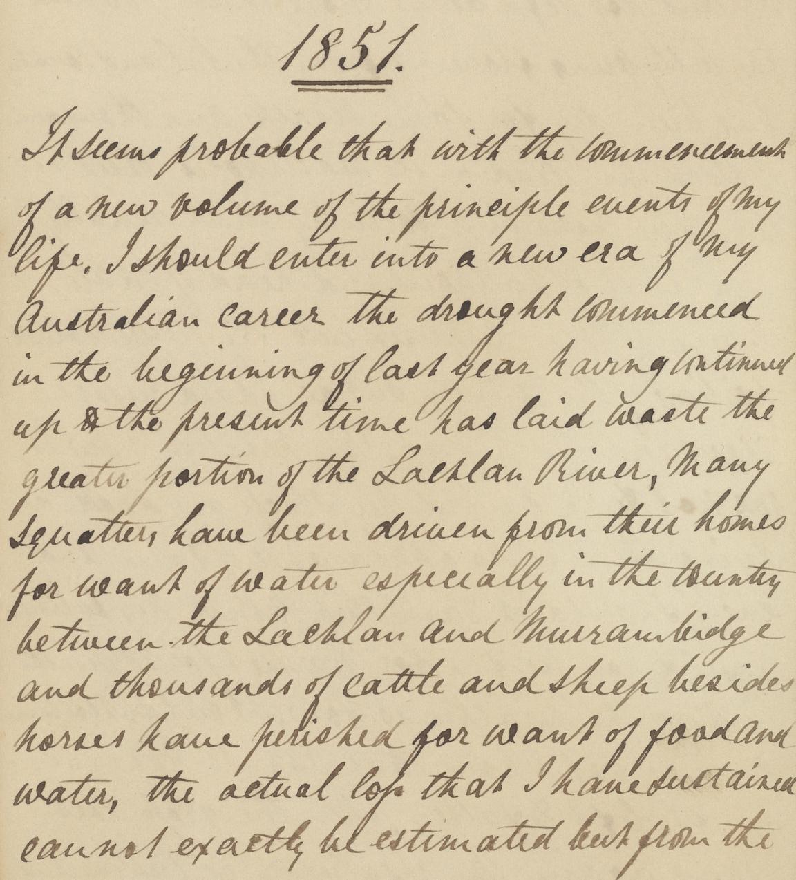Paper with cursive hand writing. The title reads '1851' and the text provides an introduction to the diary and why Hugh Hamilton is writing it.