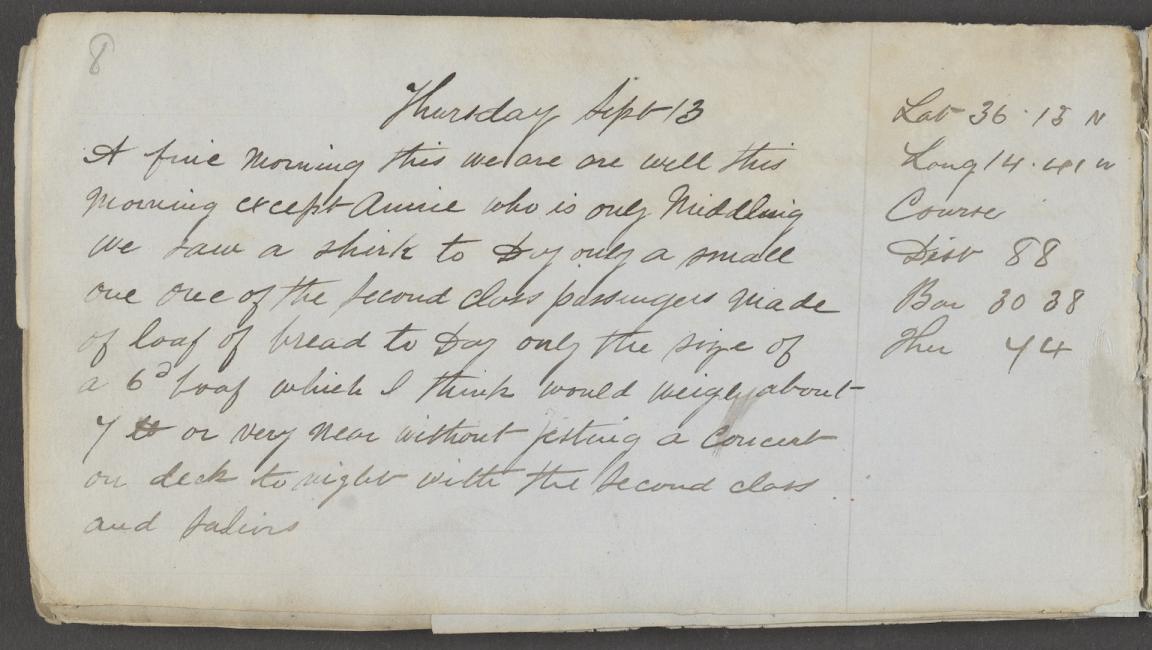 Handwritten paragraph in a diary describing the health of everyone aboard a ship and the food available. On the left are some details of the ship's location and speed.