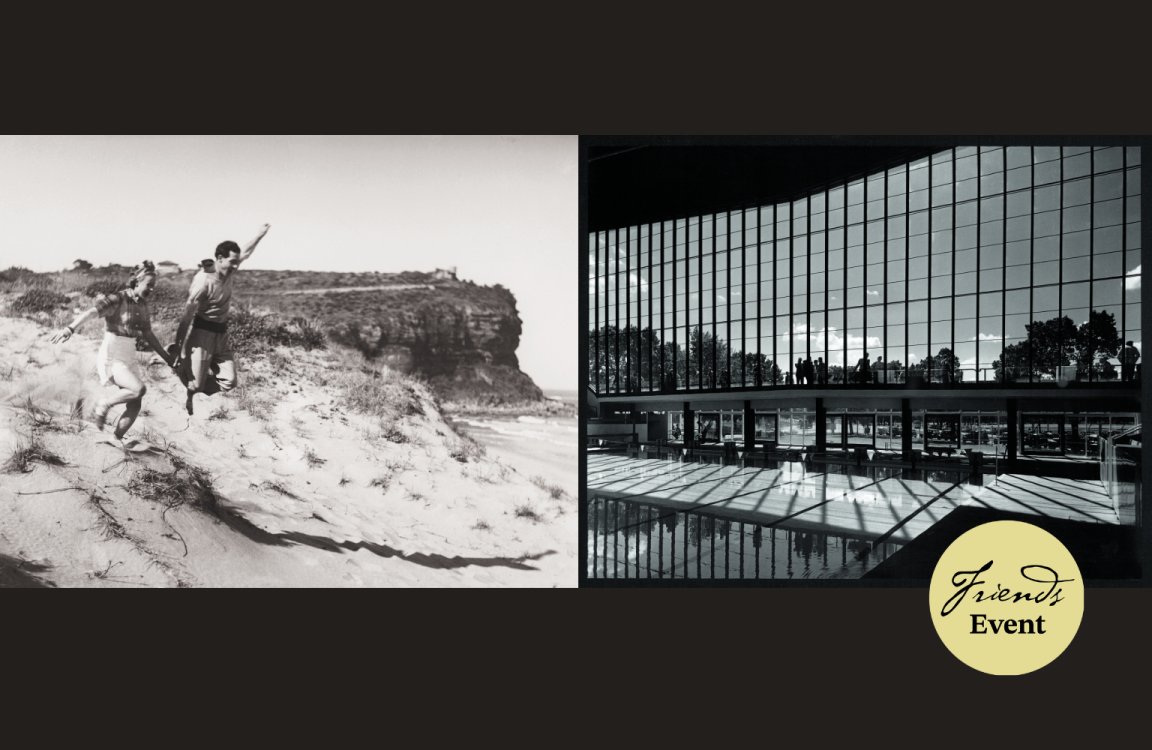 Two black and white photos, accompanied by the 'Friends of the National Library' logo. The photo on the left shows a man and woman holding hands and running down dunes at the beach. The photo on the right shows the view through a large window