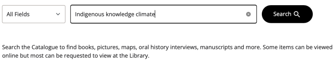 Search bar of the catalogue with 'Indigenous knowledge climate' typed in