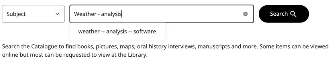 Search bar of the catalogue with field limited to 'subject' and 'Weather - analysis' typed in