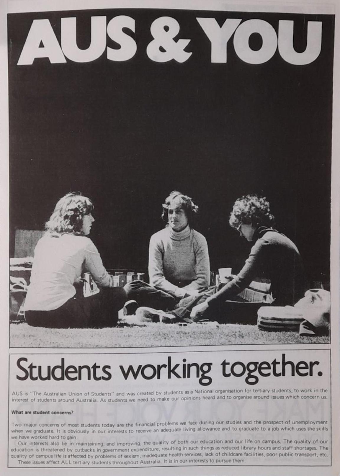 Leaflet with a large image of three students, bold text reading 'AUS & YOU' and some information about The Australian Union of Students