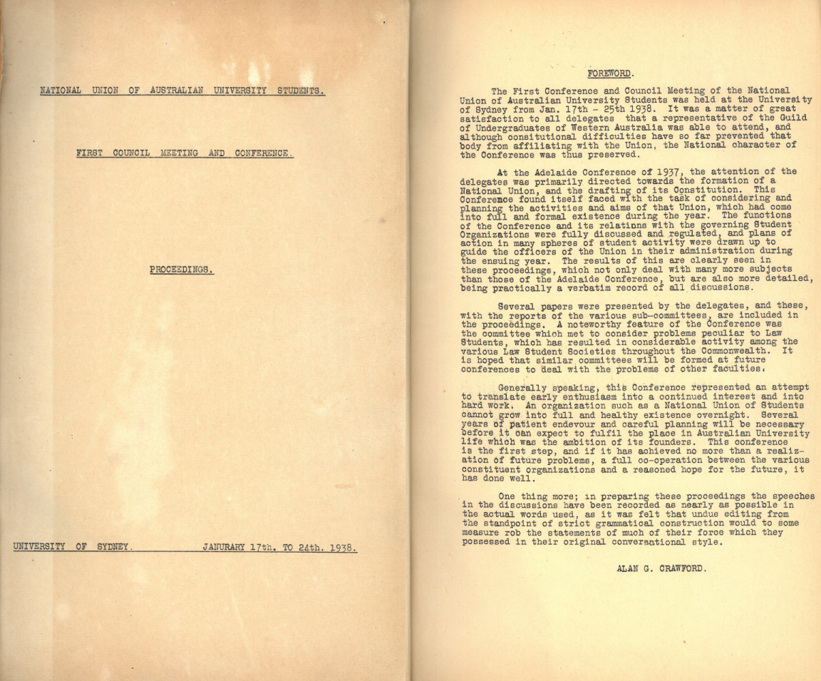 Two pages of paper side by side. On the left a title page reading 'National Union of Australian University Students - First council meeting and conference proceedings'. The page on the right has a forward written by Alan G. Crawford.