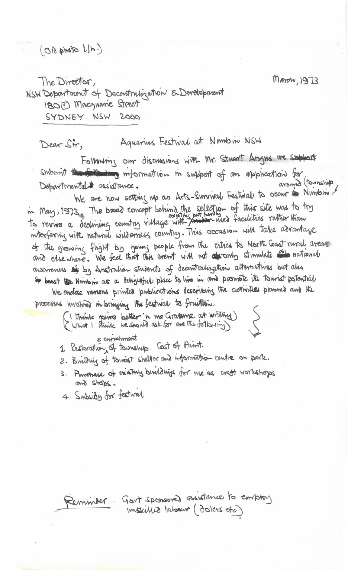 Handwritten letter with address at the top, requesting funding for 'Aquarius Festival at Nimbin'