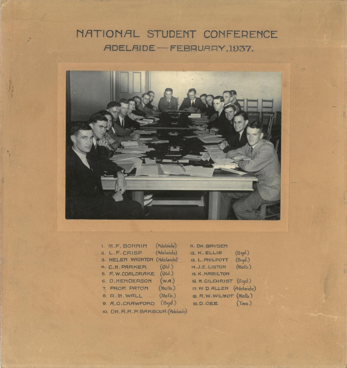 Aged paper with title 'National Student Conference Adelaide - February 1937', a black and white photo of nineteen male university students and a list of their names