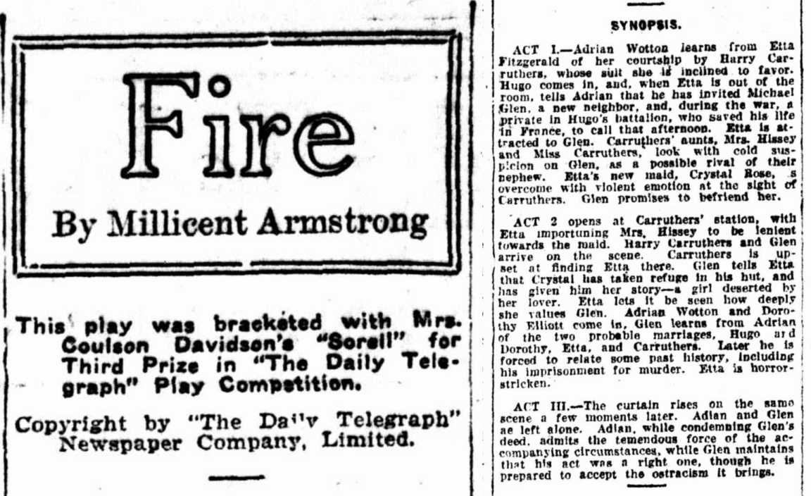 Part of a newspaper article with Millicent Armstrong's play 'Fire'