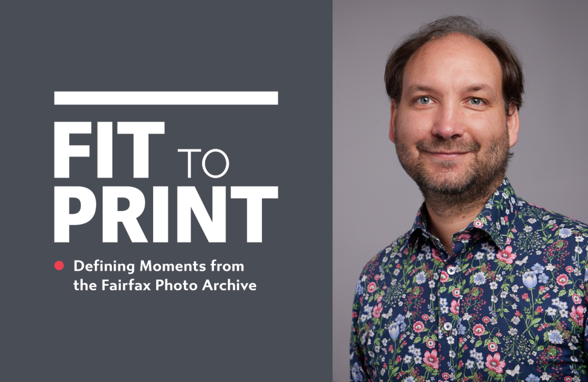 White text on a grey background reading 'Fit to Print: Defining Moments from the Fairfax Archive' next to a photo of curator Allister Mills