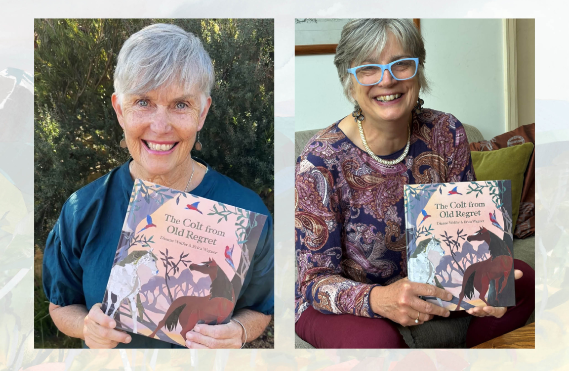 Side by side photos of Dianne Wolfer and Erica Wagner smiling and holding up copies of their book 'The Colt from Old Regret'