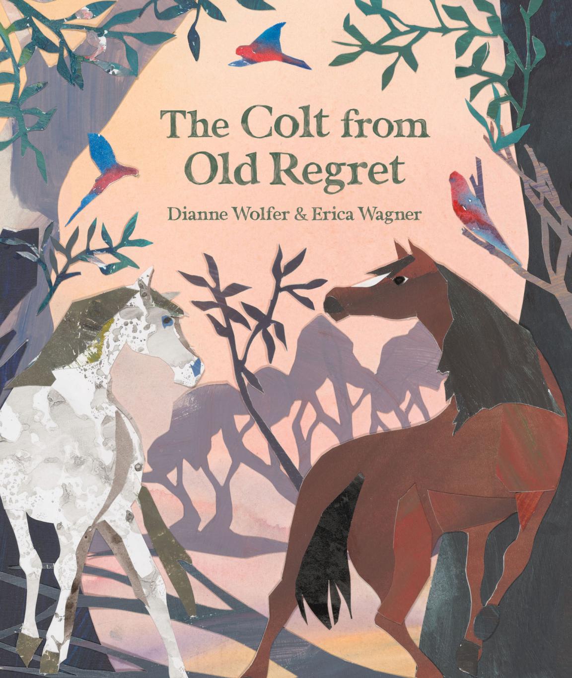 Book cover for 'The Colt from Old Regret' which features illustrations of a brown horse and a white horse in the Australian bush