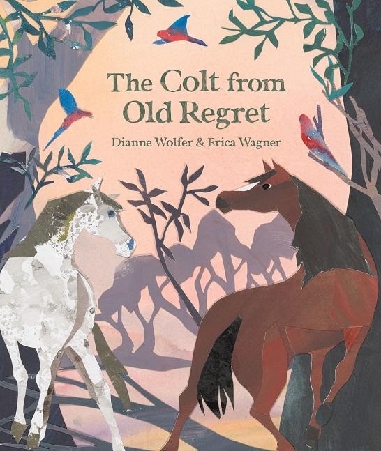 Book cover for 'The Colt from Old Regret' which features illustrations of a brown horse and a white horse in the Australian bush