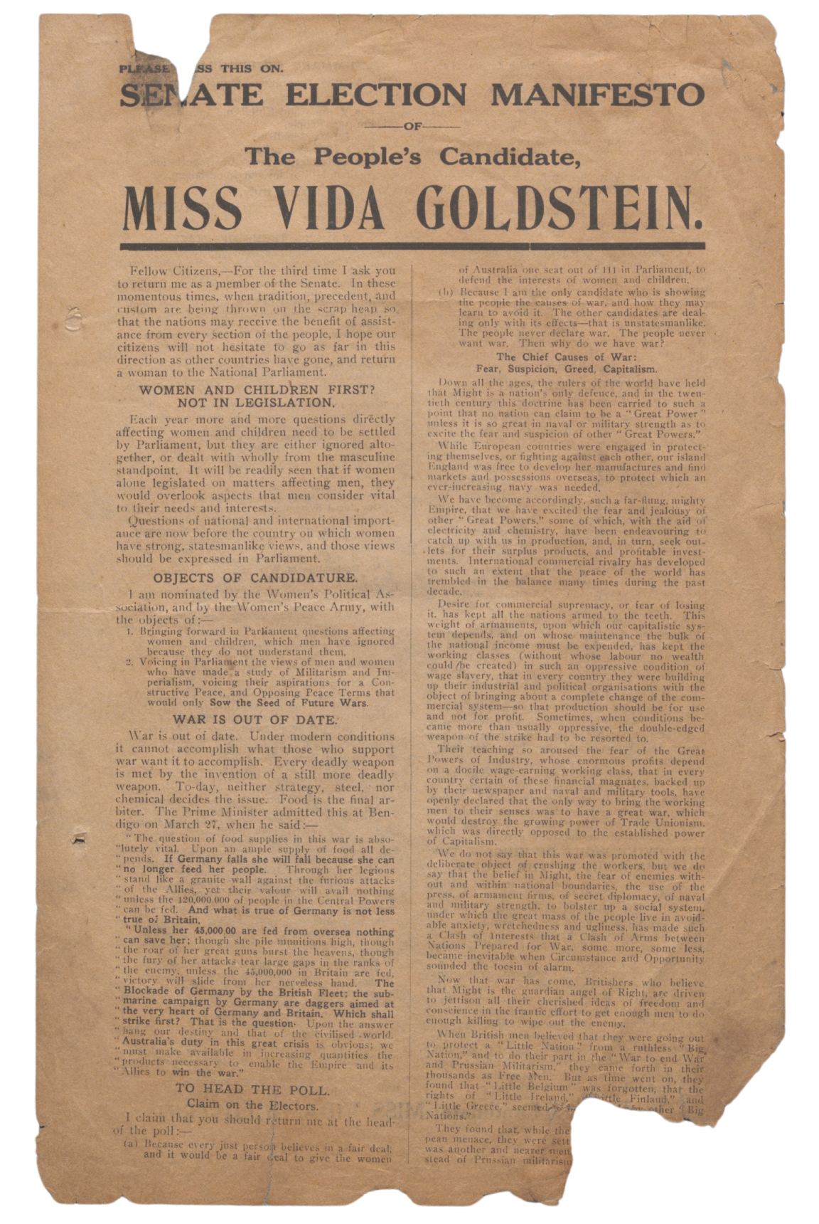Flyer for Vida Goldstein’s 1917 campaign