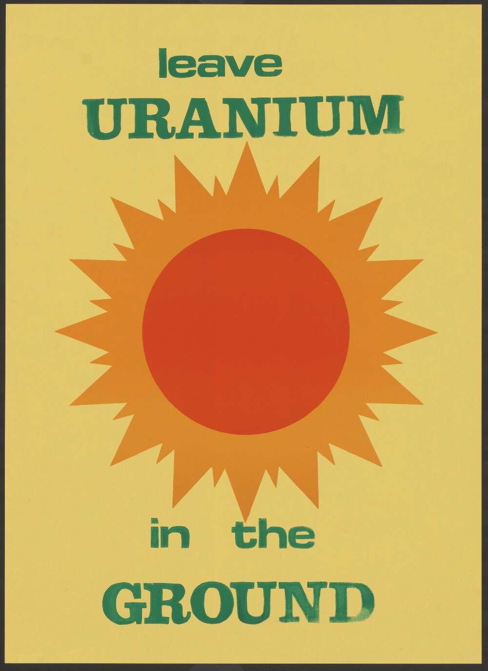 A poster from 1980 with the bold message "Leave uranium in the ground" in large black text at the top. The design features an abstract, earthy-toned background with shapes and lines resembling natural formations or geological layers. The text stands out against the muted background.