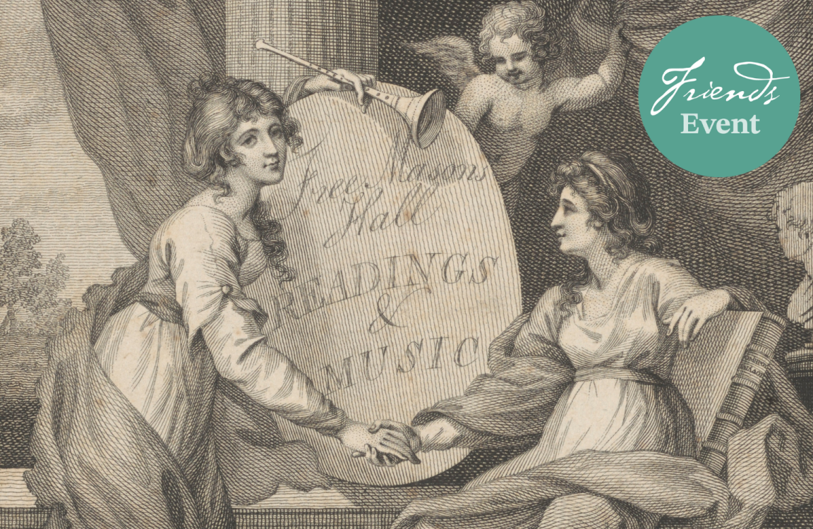 Print of two women in dresses holding hands. One has a trumpet in her other hands and is leaning over a sign reading 'Free Masons Hall Readings & Music'. Photoshopped on top is a teal circle with text reading 'Friends Event'