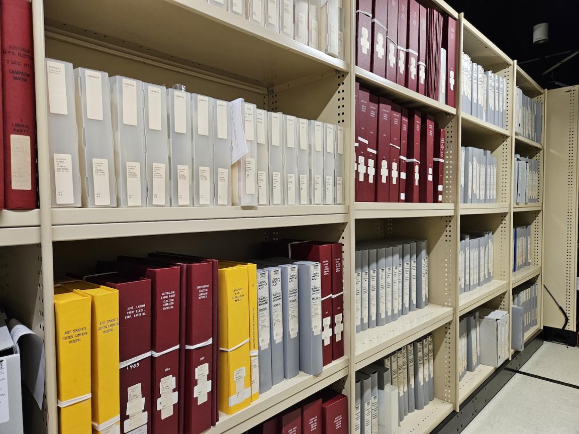 Folders of election ephemera in the stacks at the National Library of Australia