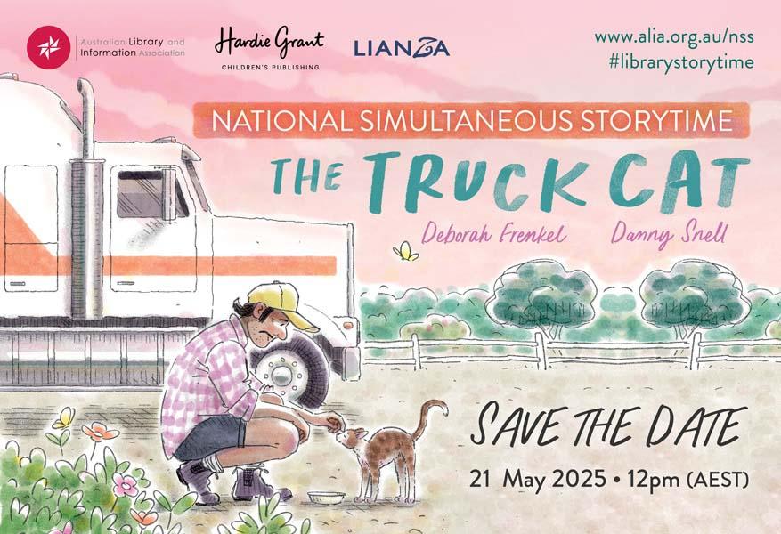Cover of the book The Truck Cat by Deborah Frenkel and Danny Snell. A man is crouched down patting a cat. There is a bowl in front of the cat, a bush with flowers in the foreground, and trees behind a white pole fence and a truck cabin in the background.