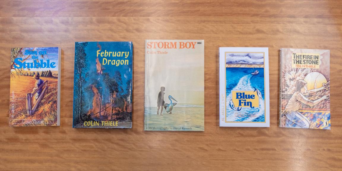 Five books by Colin Thiele: Storm Boy, The Sun on the Stubble, February Dragon, The Fire in the Stone and Blue Fin