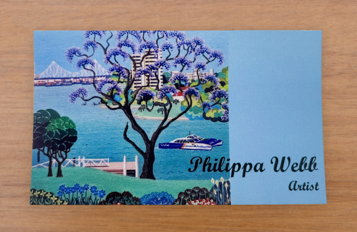 Blue business card belonging to Philippa Webb with her name and occupation, 'Artist' and an illustration of Brisbane