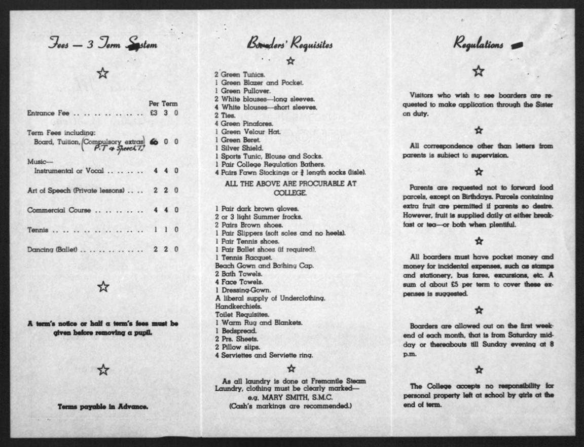 A pamphlet outlining regulations and fees for Santa Maria Ladies' College.