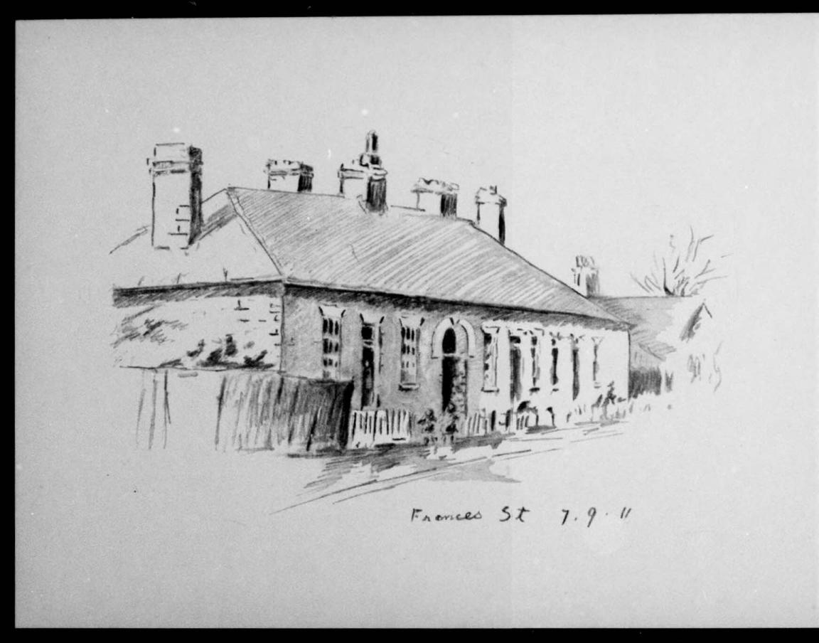 A black and white sketch of a house with the words Frances St 7.9.11 handwritten beneath it