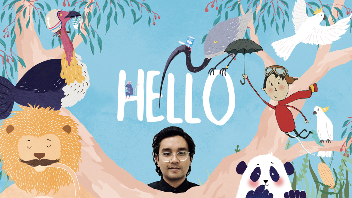 A blue background overlaid with illustrations of a lion, panda, cockatoo, mouse, cassowary, and ibis, with the word 'Hello' in the middle and a photo of a man's head with dark hair and glasses